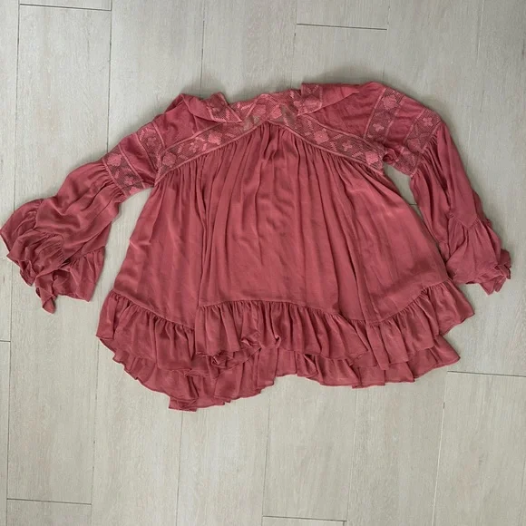 Free People All Night Lace Buttondown Ruffled Tunic Top - Picture 4 of 5